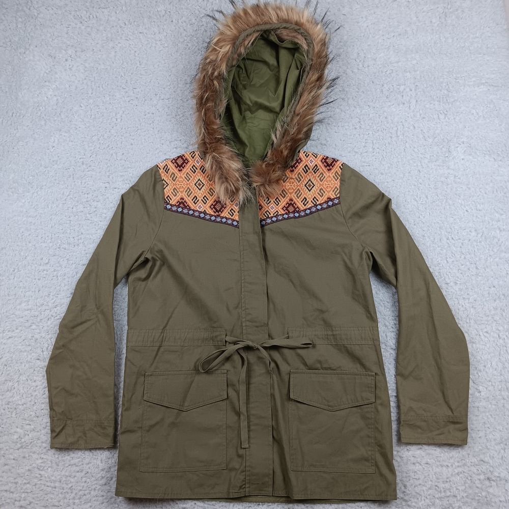 Flying Tomato Parka Women L Olive Green Boho Embroidered Faux Fur Hood IJ8829